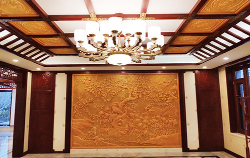 义安中式别墅客厅中式木作横梁吊顶装饰展示